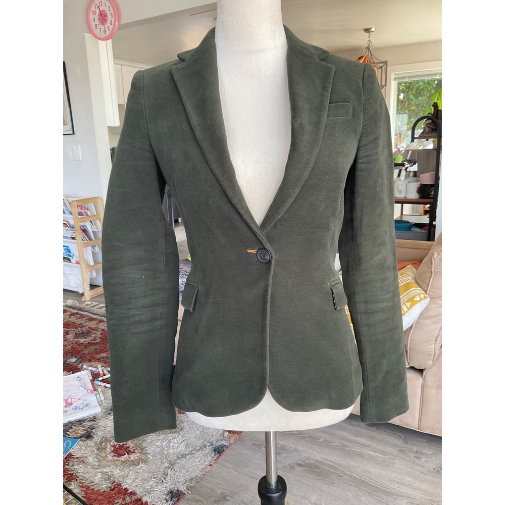 Zara Basic Womens Green Cotton Blazer Elbow Patches Jacket XS Officewear